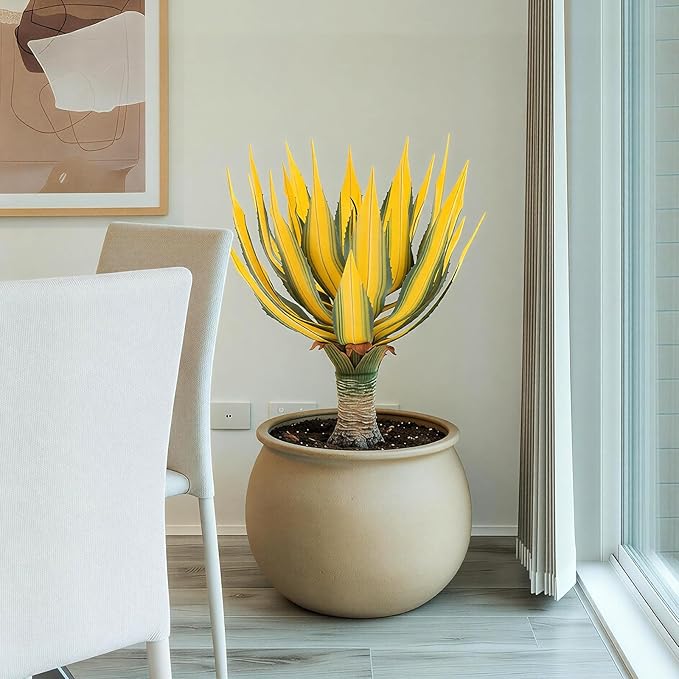 Artificial Green Edged Gold Leaf Spiny Agave Plant with 23 Leaves, 19.68in Faux Agave for Indoor & Outdoor Home Decor Perfect for Porch Living Room Bedroom Patio & Office