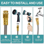 25FT Garden Hose, 304 Stainless Steel Water Hose, Flexible with a 10-Mode Nozzle Sprayer, No Kink, Lightweight, Puncture Proof, Ideal for Indoor & Outdoor Light Use, 5/8'' Outside Diameter