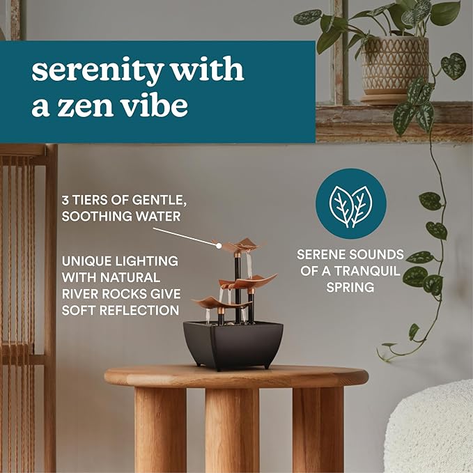 Homedics Golden Dew Relaxation Tabletop Water Fountain with 3 Tiers, Natural River Rocks, and a Quiet Pump for Soothing Zen Ambiance in Your Home or for Office Décor, Powered by 2 AA Batteries