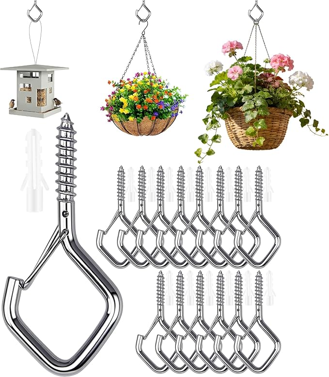 12 PCS Q-Hanger Hooks for String Lights, Ceiling Hangers for Plants Wind Chimes, Christmas Decorations Outdoor Hooks Silver
