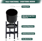 D'vine Dev Planter Pot with Stand - 10 Inch Plastic Cylinder Flower Pot with Wood Planter Holder for Indoor, Matte Black Pot + Ebony Stand, 55-C-N-2