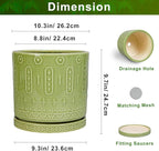 Ceramic Pot for Plants - 10 Inch Indoor Plant Pots with Drainage Holes and Saucer, Boho Round Planter Outdoor, Decorative Large Planter for Flower, Living Room Decor, Garden Gifts, Green