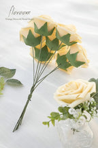 Floroom Artificial Flowers 25pcs Real Looking Creamy Yellow Foam Fake Roses with Stems for DIY Wedding Bouquets Bridal Shower Centerpieces Floral Arrangements Party Tables Home Decorations