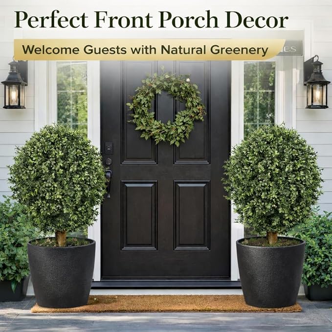 Artificial Boxwood Topiary Tree, 26" Faux Outdoor Plant in Pot, UV Resistant Fake Greenery for Front Porch, Patio, Entryway & Garden Decor