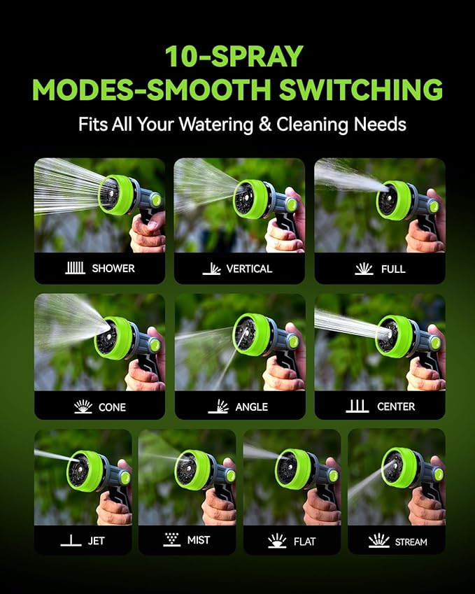 RAINPOINT Full-Metal Garden Hose Nozzle, Heavy Duty Water Hose Nozzle Sprayer With 10 Adjustable Patterns & High Flow,Thumb Control For Flow Adjustment, Ideal For Watering, Washing, Cleaning,Green