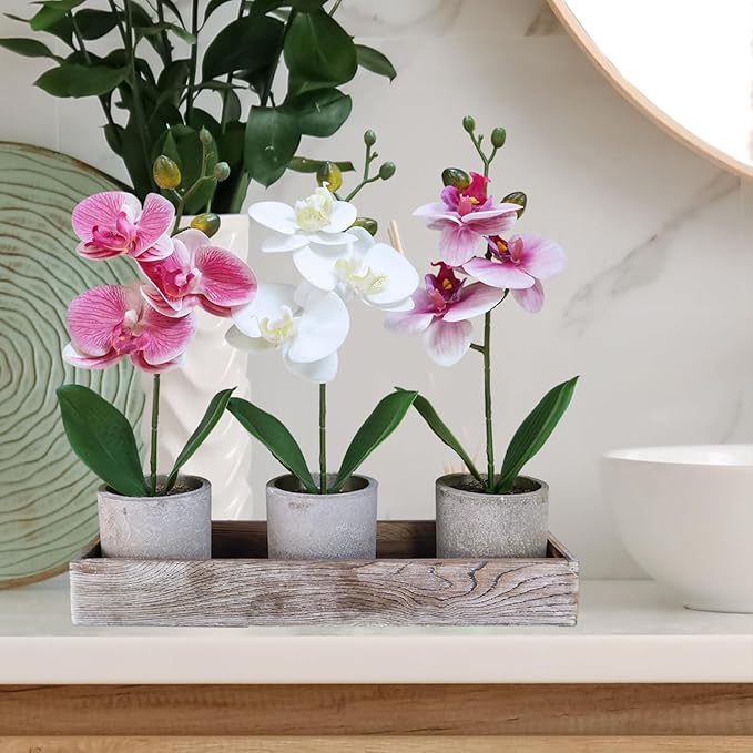 Winlyn Set of 3 Small Artificial Orchid Potted Plants Arrangement with Rustic Wood Planter Box Real Touch Faux Phalaenopsis Moth Orchid Flowers in Pots for Home Office Desk Shelf Table Centerpiece