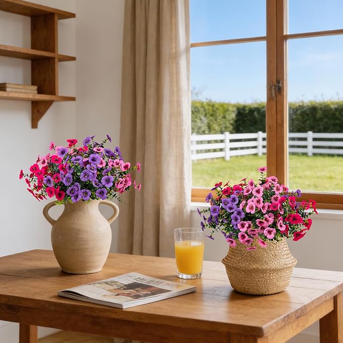 17 Inch Artificial Faux Pansy Flowers for Outdoor,Fake Pansies Flowers with Eucalyptus Leaves Fake Plants Greenery Boxwood Porch Patio Decor 6 Bundles(Light Purple,Pink,Dark Rose)