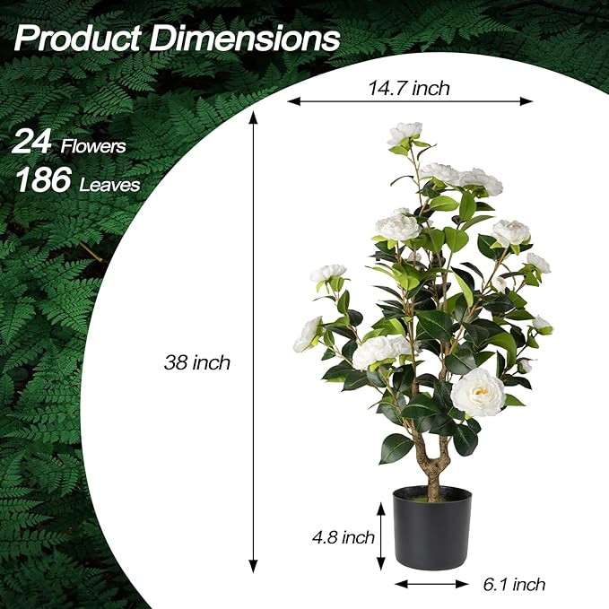 Artificial Camellia Tree 2 Pack - Realistic Camellia Plants in Pot with White Flowers, Lifelike Faux Greenery for Living Room, Patio, or Wedding, White