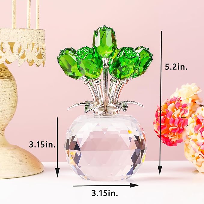 YWHL Handmade Crystal Green Rose Flower Figurine with Round Vase, Bouquet Rose Flowers Gifts for Wife Mom on Anniversary Birthday Christmas, Glass Rose Flower for Sister Friends, Wedding Home Decorati