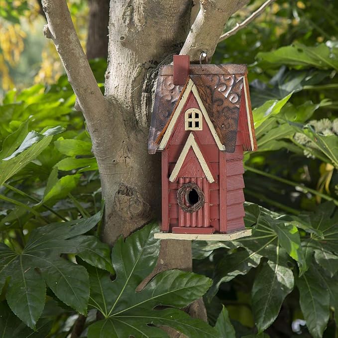 Glitzhome Bird Houses for Outside, Distressed Red Cottage Blue Bird House, 12" H Solid Wood Birdhouse Hanging Bird House for Outdoors