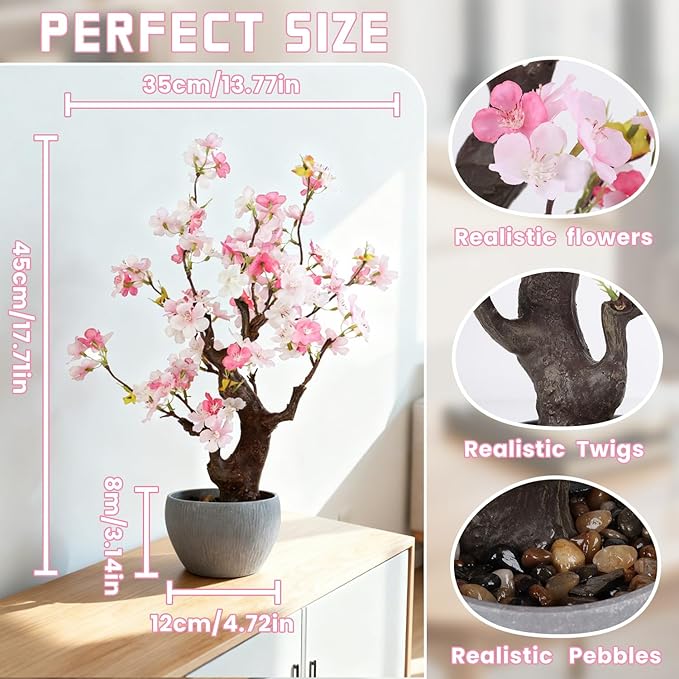 TOARTi Artificial Pink Cherry Blossom Potted Plant with Stone Pot, 18" Tall Fake Flowers Faux Plants Desk Plant, Realistic Plants Home Indoor Decor for for Home Bedroom Bathroom Office Desk