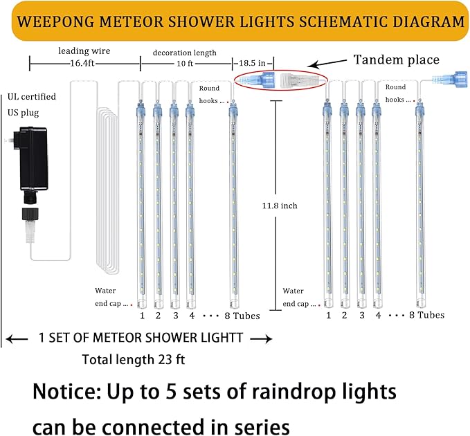 Weepong Christmas Lights Outdoor Falling Rain Meteor Shower Lights 12 inch 8 Tube 192 LED Snowfall Icicle Cascading String Light for Xmas Tree Christmas Decorations Holiday Garden, UL Plug,Warm White