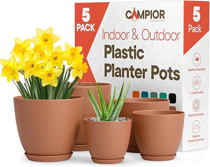 Planter Pots with Drainage Holes - Lightweight, Durable, and Space-Saving Pots for Indoor and Outdoor - Versatile Functionality, Simple Modern Design, Set of 5 Plastic Planter Pots - Terracotta
