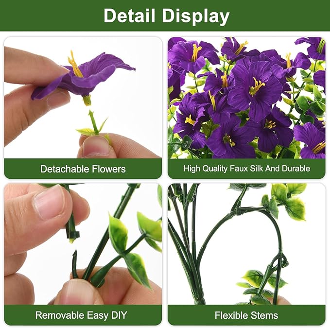 INQCMY Artificial Fake Petunias Flowers for Outdoors Spring Summer Decoration, 12 Bundles Faux Flower Plants UV Resistant Purple Realistic Silk Flower for Outside Planters Patio Porch Yard Window Box