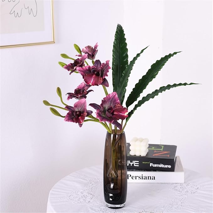 2-Pack 21in Spring Artificial Orchid, Oil Painting Style Romantic Fake Flowers, Wedding Home Decor, Living Room Table Centerpiece, Festival Artistic Display(Dark Orange)
