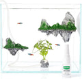 Aquarium Mountain View Stone Ornament, Resin-Coated Rockery with Flocked Cover Like Grass, Air Stone & Artificial Plastic Plants Suitable for Small Fish and Shrimp Play Decorations