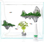 Aquarium Mountain View Stone Ornament, Resin-Coated Rockery with Flocked Cover Like Grass, Air Stone & Artificial Plastic Plants Suitable for Small Fish and Shrimp Play Decorations
