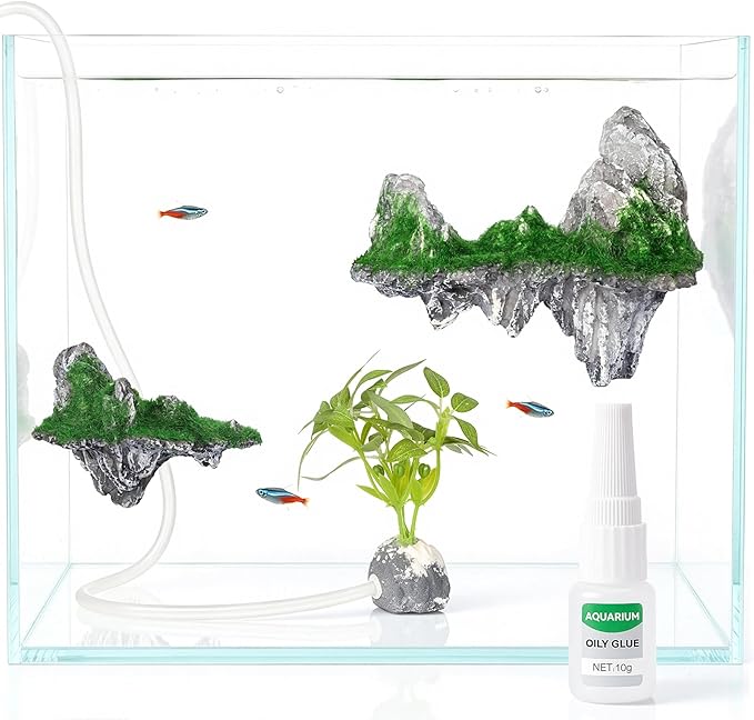 Aquarium Mountain View Stone Ornament, Resin-Coated Rockery with Flocked Cover Like Grass, Air Stone & Artificial Plastic Plants Suitable for Small Fish and Shrimp Play Decorations