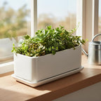 MyGift 10 Inch Modern Unglazed White Ceramic Indoor Plant Pot with Drainage Hole, Rectangular Succulent Planter Window Box with Removable Saucer, 1 Pack