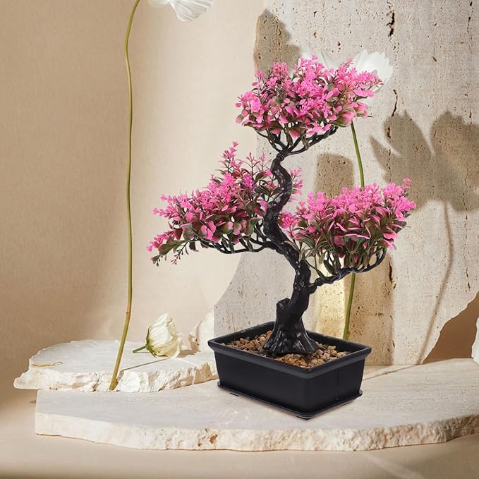 Artificial Bonsai Tree, Fake Potted Bonsai Plants Decoration, Simulation Faux Plants Decor, Desktop Realistic Welcoming Pine Ornament for Home Office Entryway Chests Decor, Pink