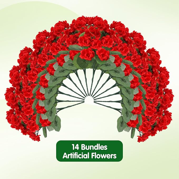 14Pcs Geranium Artificial Flowers for Outdoors Decoration Geranium Silk Flowers Outsides UV Resistant Garden Plants Faux Flower for Front Door Garden Porch Planter Patio Balcony Yard Indoor Home (Red)