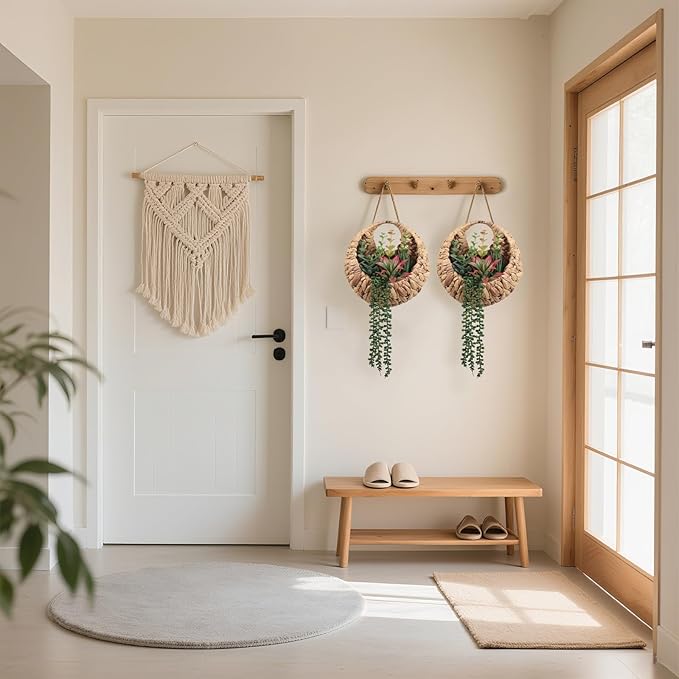 Fake Plants Hanging Artificial Succulents Plants in Woven Basket, Faux String of Pearls Greenery Plants for Living Room Bathroom Boho Wall Decor