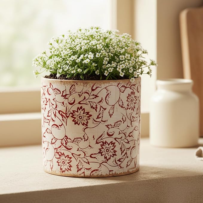 Decorative Planter Cachepot for Indoor Plants & Artificial Flowers, Terracotta Pots Vintage Rustic Ceramic Flower Pots, French Country Style for Bookshelf & Tabletop Home Decor, Gift (Burgundy)