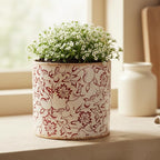 Decorative Planter Cachepot for Indoor Plants & Artificial Flowers, Terracotta Pots Vintage Rustic Ceramic Flower Pots, French Country Style for Bookshelf & Tabletop Home Decor, Gift (Burgundy)