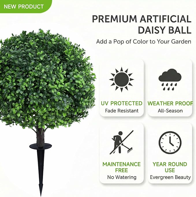 Dense Leafy Artificial Boxwood Topiary Ball Trees 24 Inch, Set of 2 Fake Plants Outdoor with Ground Spike, UV Resistant Faux Boxwood Bushes for Garden Patio Front Porch Decor