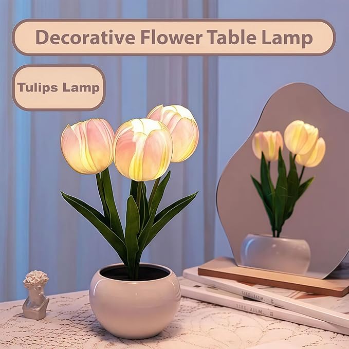 Tulip Flower Table Lamp Pink LED Desk Night Light with Vase, Artificial Flower Decor for Bedroom, Living Room, Elegant Centerpiece for Wedding Birthday Party, Home Decor Gift