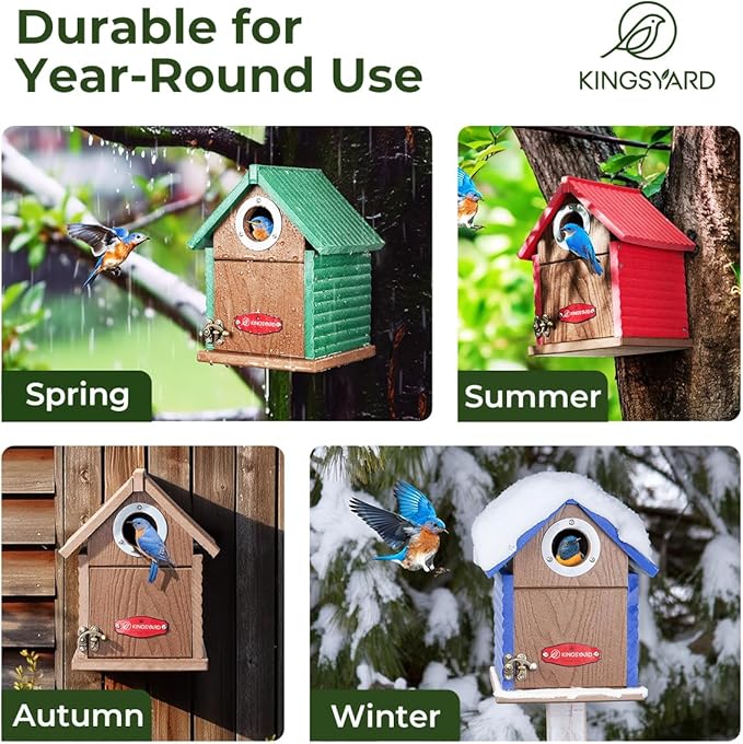 Kingsyard Recycled Plastic Bird House for Outdoors - Weatherproof Nesting Box with Clear View Panel & Predator Guard for Bluebird Wren Swallow Finch, Brown