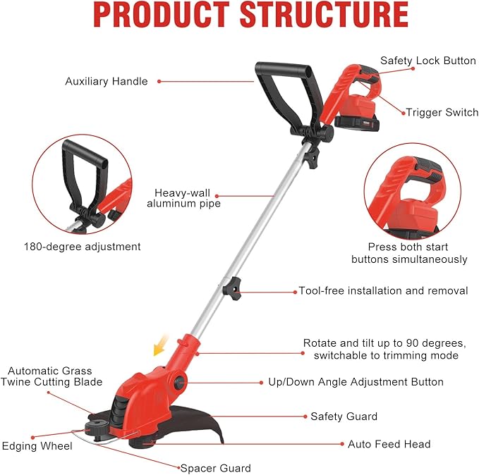 21V Cordless String Trimmer & Edger, 12" Auto-Feed Grass Cutter with 2.0Ah Battery & Fast Charger, 2-in-1 Electric Weed Wacker Lawn Tool for Yard Garden Maintenance-Red