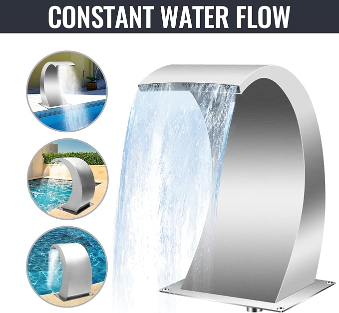 Pool Waterfall Fountains, Stainless Steel Rectangular Pool Waterfall Spillway with Pipe Connector for Indoor/Outdoor Decorative (7.9 Inch)