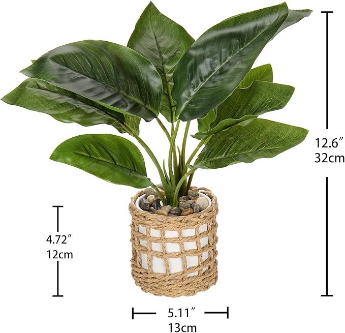 Briful Fake Plants Potted Plant Artificial Realistic Houseplant in White Ceramic Vase Wrapped Woven Pot, Fern Faux Plant Indoor for Home Farmhouse Wedding Tabletop Shelf Decor