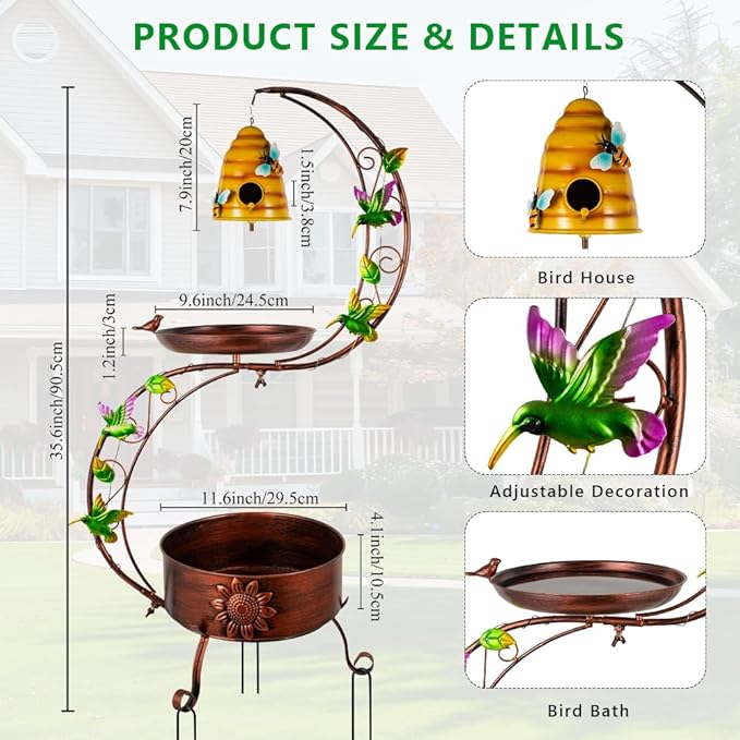 DREAMSOUL Bird Bath with Flower Planter, Vintage Copper Birdbath with Bird House, Metal Bird Bath for Outside Garden Yard
