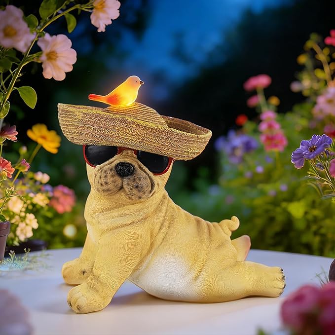 Glintoper Solar Garden Statue Dog Figurine, 8.7" Outdoor Resin Puppy Whimsical Lawn Porch Yard Art, Birthday Mothers Day Ideal Gifts, Lighted Shar Pei Ornaments for Patio Pathway Yard Decoration ﻿