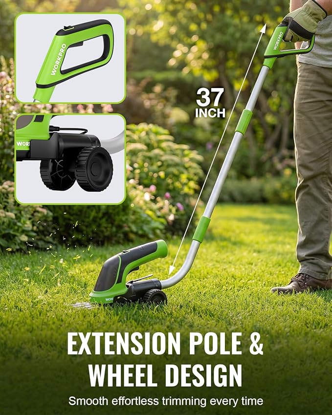 WORKPRO 3.6V Hedge Trimmer Cordless, 3-in-1 Electric Hedge Trimmer & Grass Cutter with 37'' Wheeled Extension Pole, 4.0Ah Removable Battery & Type-C Cable, Lightweight Bush Trimmer for Lawn & Garden