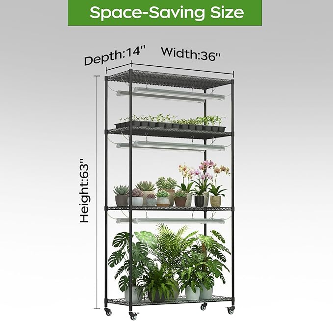 Plant Stand with 6 Pack 3-Color Grow Lights, 36" W x 14" D x 63" H, 4-Tier Plant Shelf with Thermometer & Timer, Wide Plant Rack for Indoor Gardening, Seed Starting, Herbs & Flowers
