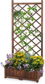 Outvita Wood Planter with Trellis, 29" x 17" x 67" Outdoor Raised Garden Bed with Drainage Holes, Vertical Standing Planter Box for Climbing Plants Vegetable in Garden, Patio, Balcony (Brown)