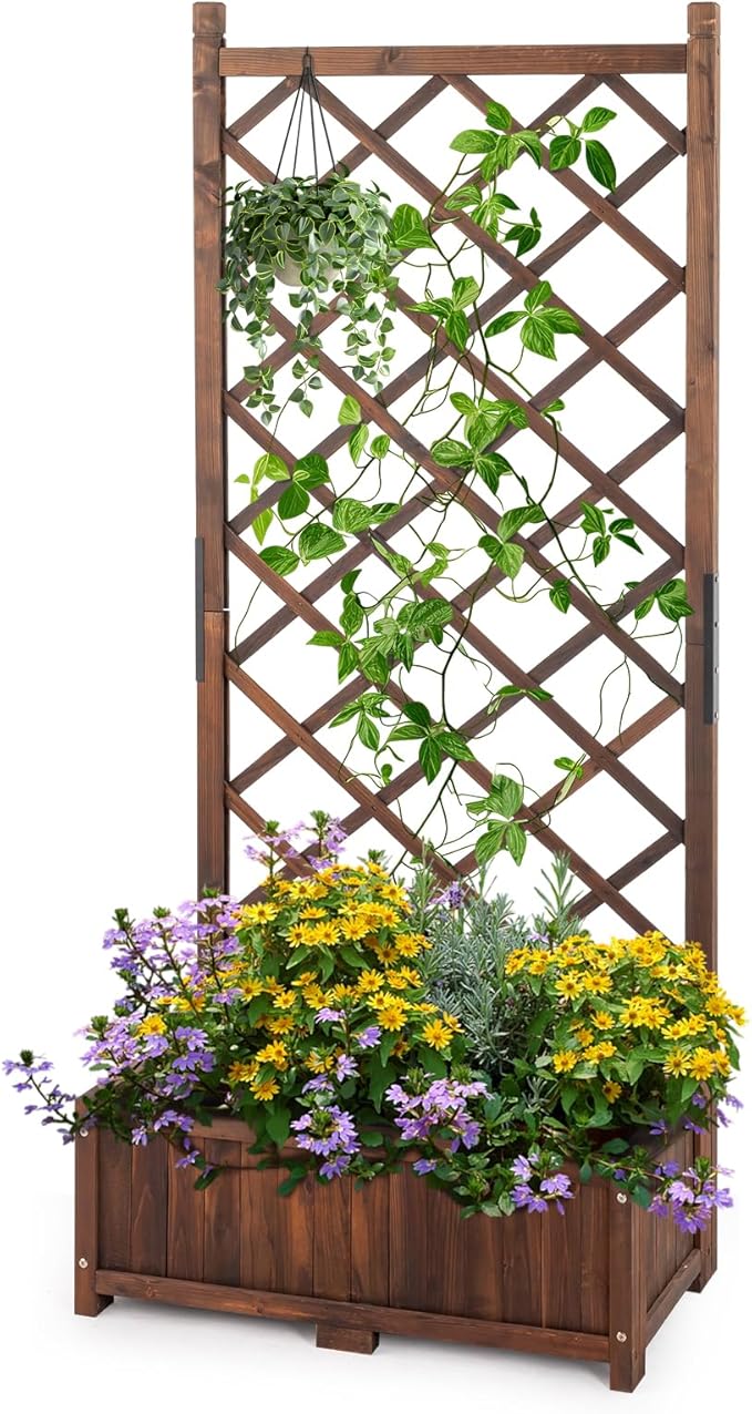 Wood Planter Raised Garden Bed,with Trellis,29.5 x 16.9 x 67'' Outdoor Raised Garden Bed with Drainage Holes, Free-Standing Trellis Planter Box for Vine Climbing Flowers in Garden