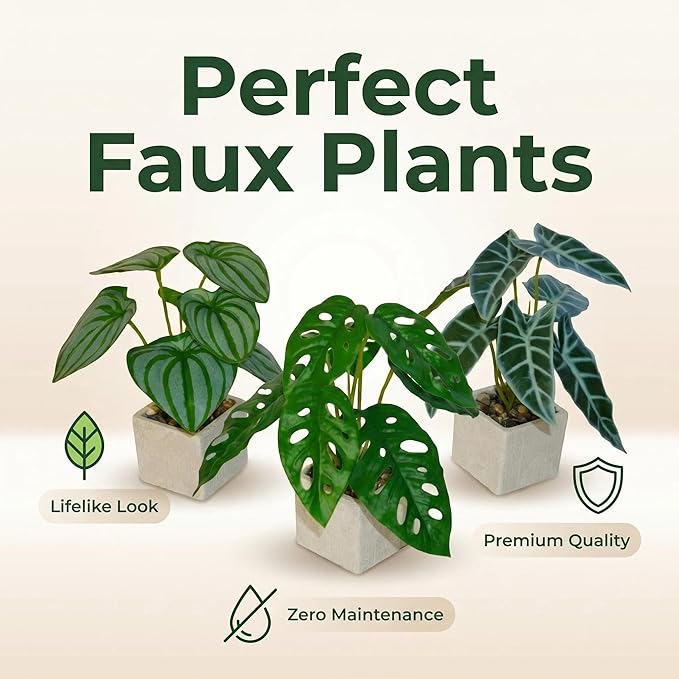 3pcs Small Fake Plants Artificial Begonia Leaves Faux Plants Indoor for Office Desk Shelf Bathroom Home Decor (3Pcs -7 Leaves)