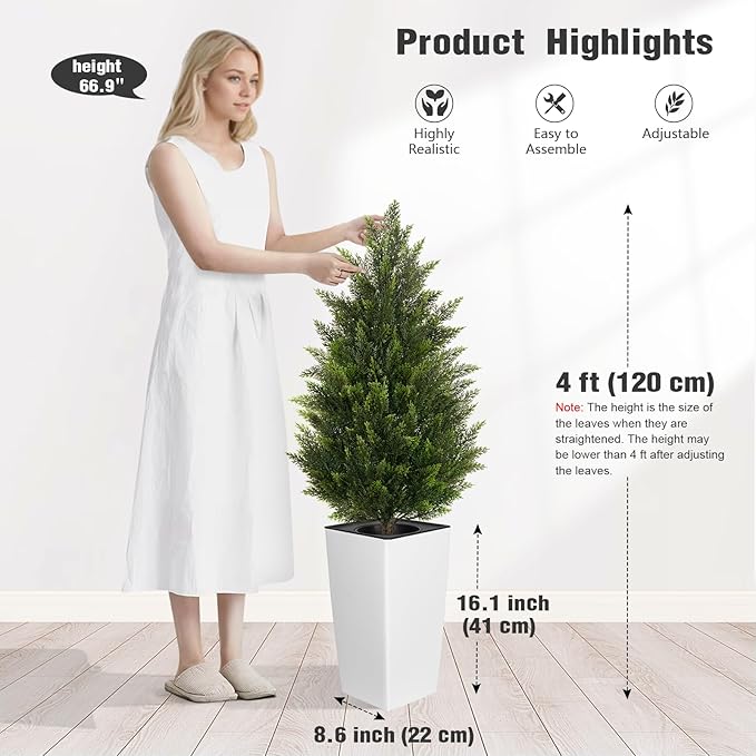 4FT Tall Artificial Cedar Topiary Tree with Compact Pyramidal Shape, Realistic Faux Cypress in Square White Pot with Fillable Water Bag, Outdoor Evergreen for Front Porch Garden Home Decor
