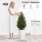 4FT Tall Artificial Cedar Topiary Tree with Compact Pyramidal Shape, Realistic Faux Cypress in Square White Pot with Fillable Water Bag, Outdoor Evergreen for Front Porch Garden Home Decor