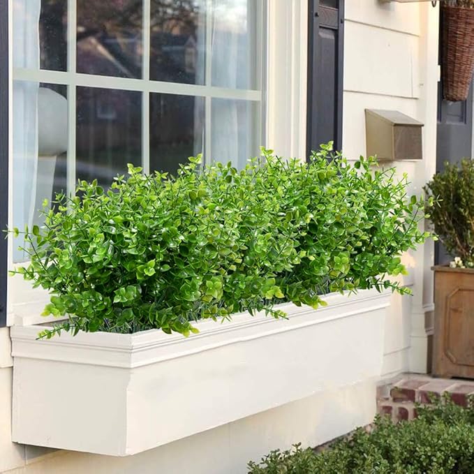12 Bundles Outdoor Artificial Boxwood UV Resistant Fake Stems Plants, Faux Plastic Greenery for Indoor Outside Hanging Plants Garden Porch Window Box Home Wedding Farmhouse Décor