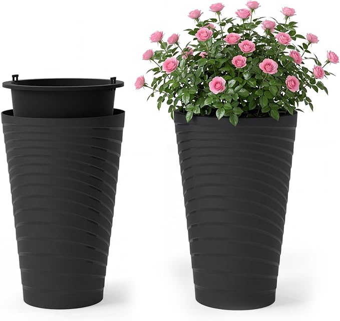 Giantex 18" Tall Flower Pot Set of 2, Modern Decorative Planter Pots w/Insert Bucket, Handle, Drainage Holes, Round Spiral Textured Flower Pots for Outdoor Indoor Garden Patio Front Porch (Black)