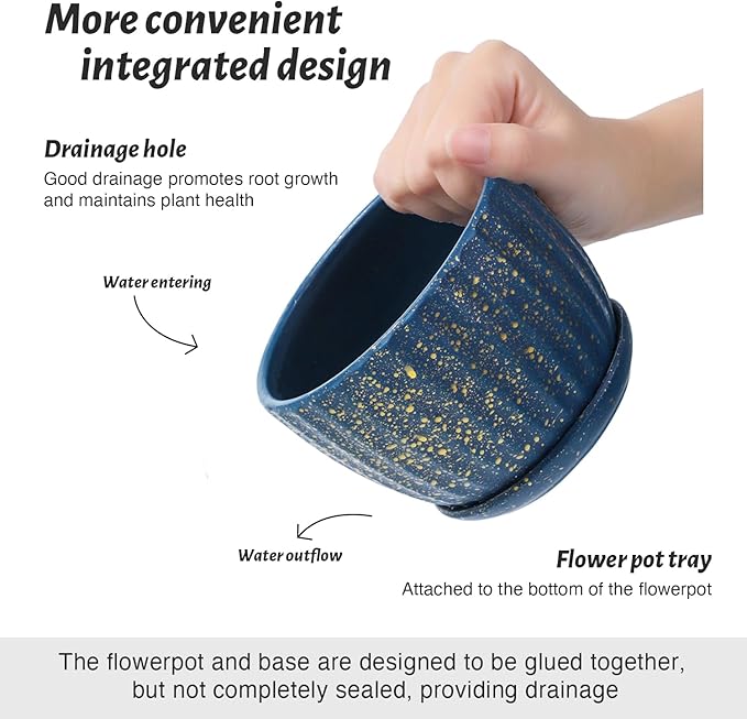 STHIE Ceramic Plant Pots with Drainage Holes and Saucers, Round Blue Flower Pots for Indoor Plant, Diameter 3.3/4.3/5.5 Inches Small Mini Flower Planters Set of 3