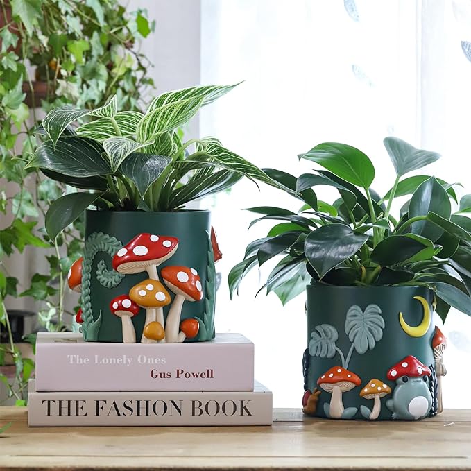 GUGUGO 8 Inch Colorful Mushrooms Planters Cute Unique Rainbow Planter with Drainage, Vintage Retro Flower Plant pots for Indoor Plants, Boho Modern Home Décor (8 Inch, B)