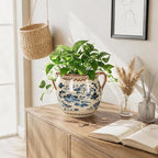 BUYMAX Ceramic Plant Pots for Indoor Plants with Drainage Hole, Vintage Crackle Glaze Hand-Painted Blue Flower Planter with Handles, Small Decorative Hanging Planter