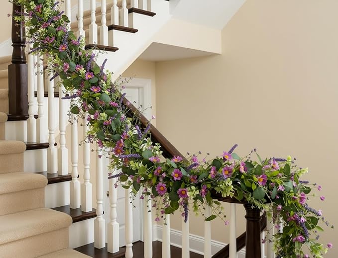 6ft Spring Flower Garland Faux Eucalyptus Greenery with Lavender Purple Daisy Wild Berry Artificial Vine for Easter Wedding Arch Decor Baby Shower Garland Mantle Table Centerpiece