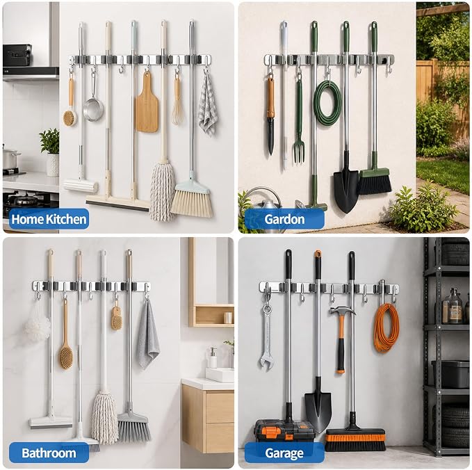 5 Racks and 6 Hooks Mop and Broom Holder Wall Mount, 304 Stainless Steel Broom Hanger Organizer for Home Kitchen Garden Laundry Garage